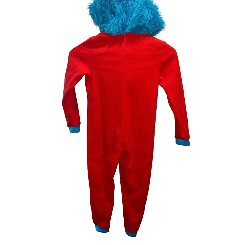 Dr. Seuss Thing 1 Kids Hooded Costume One Piece Plush Fleece Pajamas Red Blue